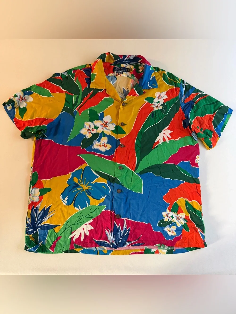Polo Ralph Lauren Tropical Print Camp Shirt Men XL Floral Loop Collar Button Up